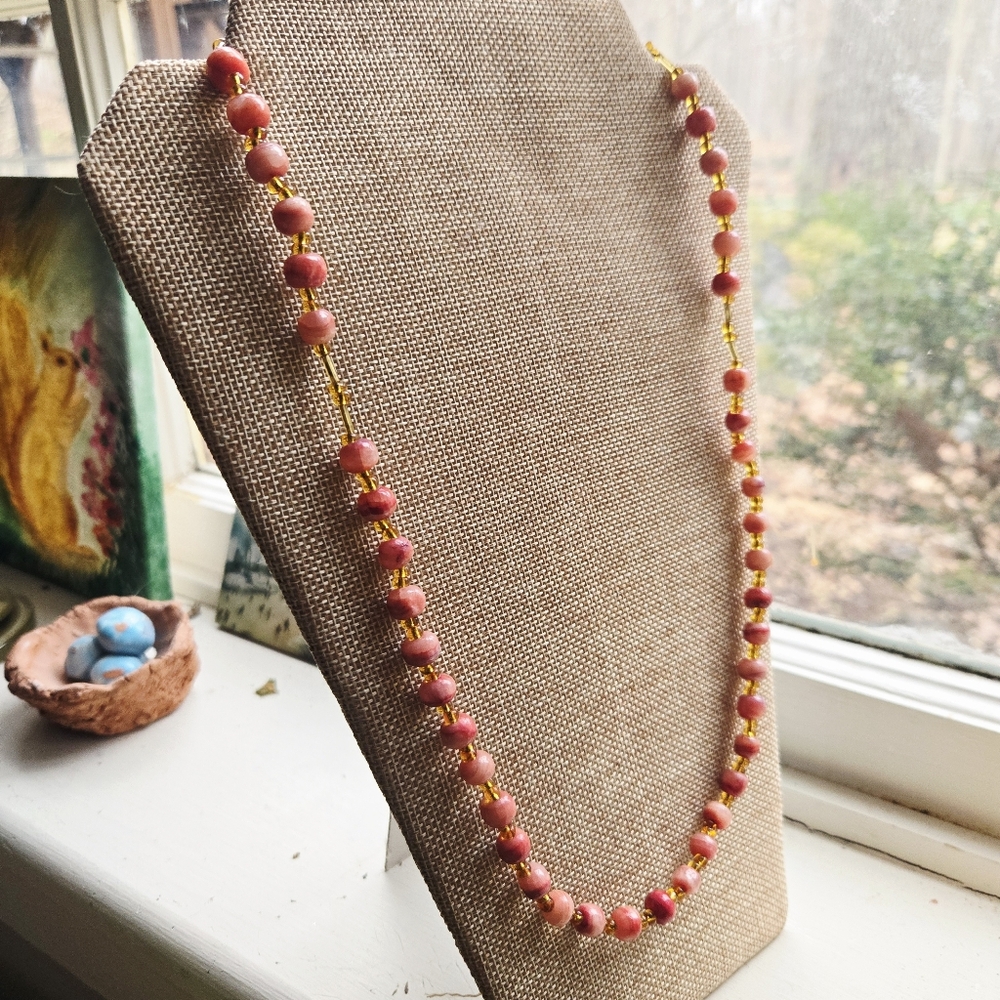 Vintage Rhodonite Pink & Gold Stone Long Beaded Boho Bohemian Necklace